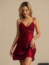 [Rouge Vineux] SilkSilky-FR Sleeveless Deep V Neck Chemises de nuit 003