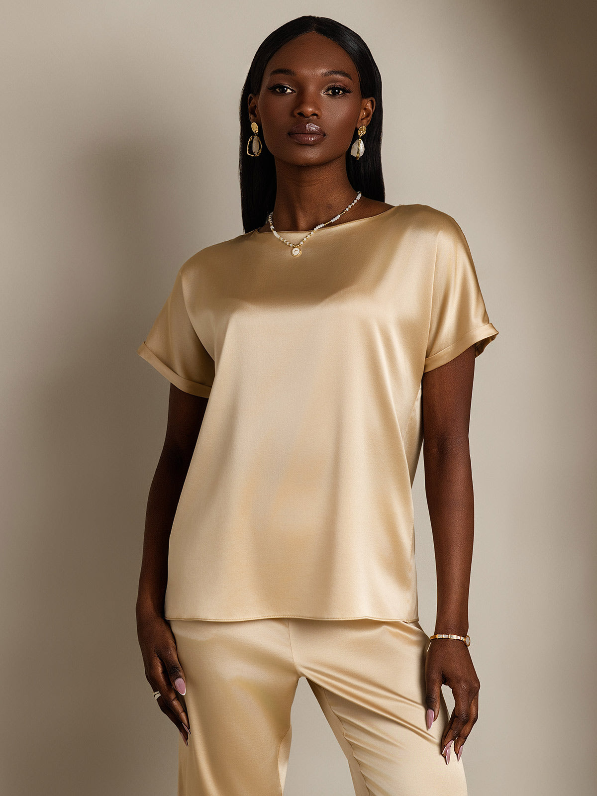 [Champagne] SilkSilky-FR 19Momme Soie Col Rond Femme T-Shirt 001