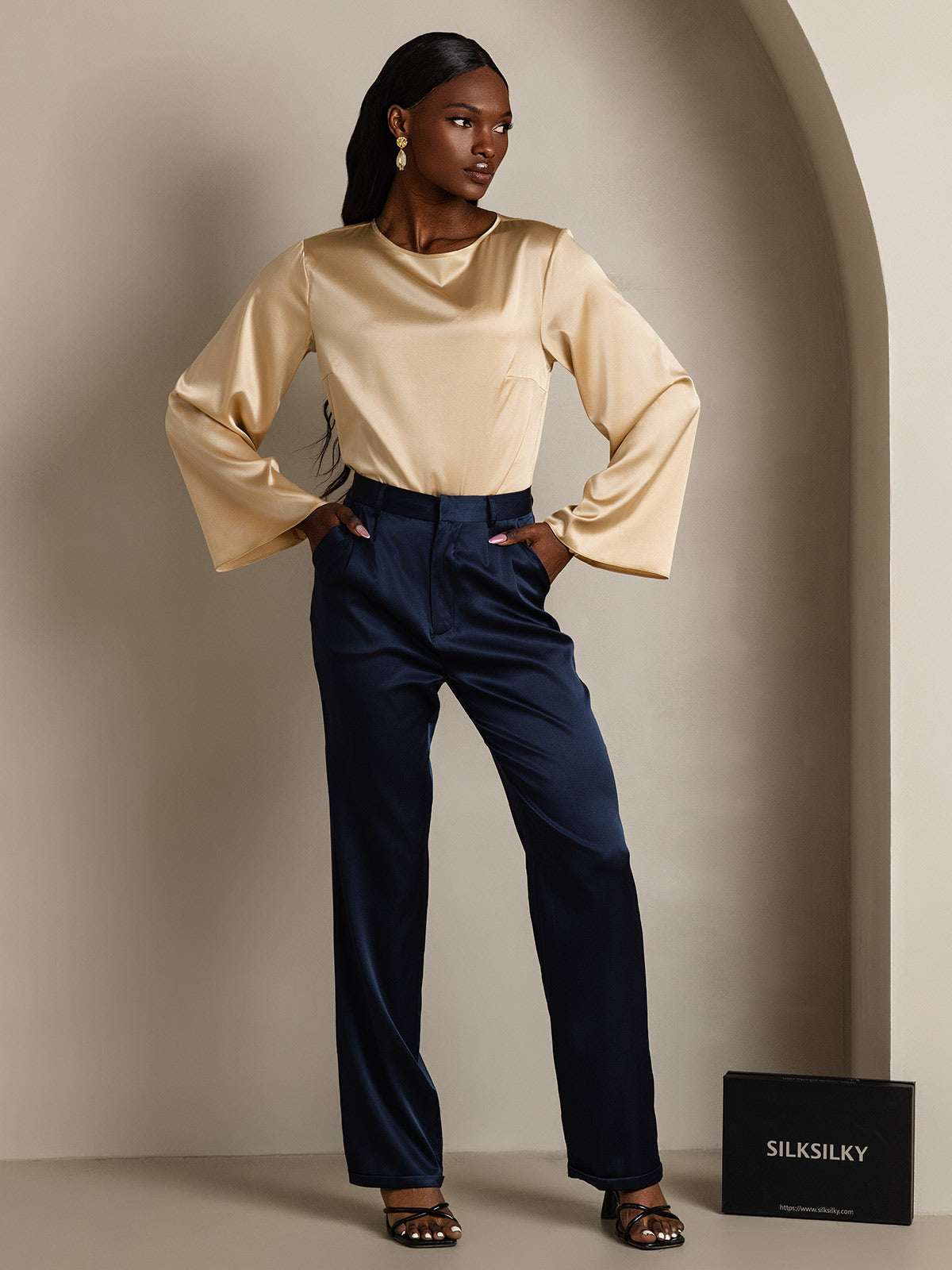 [Champagne] SilkSilky-FR 19Momme Soie Col Rond Femme T-Shirt 005,