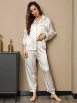 [Blanc] SilkSilky-FR Long Sleeve Lapel Collar Femme Pyjamas 004
