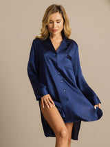 [Bleu Foncé] SilkSilky-FR Long Sleeve Lapel Collar Chemise pour dormir 003