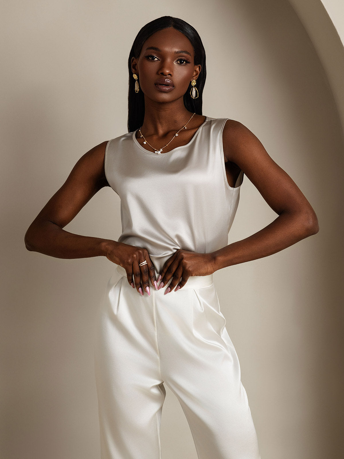 [Gris Clair] SilkSilky-FR 19Momme Sans manches Col Rond Top À Fines Brides 004