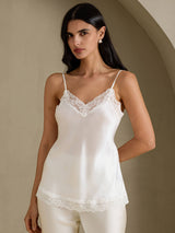 [Blanc] SilkSilky-FR Spaghetti Strap V Neck Top À Fines Brides 003