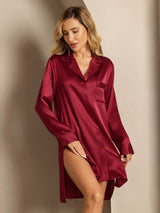 [Rouge Vineux] SilkSilky-FR Long Sleeve Lapel Collar Chemise pour dormir 001