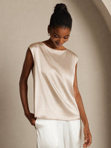 [Beige] SilkSilky-FR Cap Sleeve Round Neck Femme T-Shirt 006