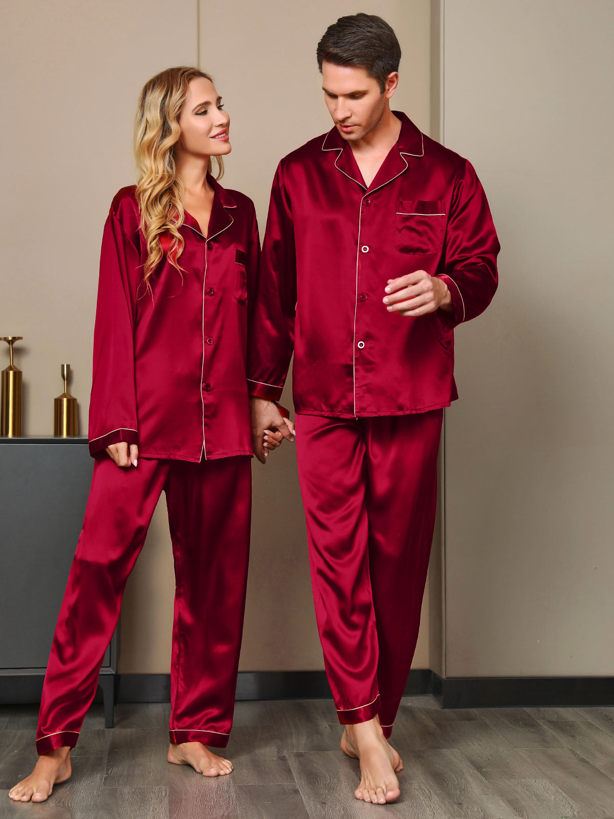 Ensembles de Pyjama en Soie Pure pour Couple Total 4Pcs