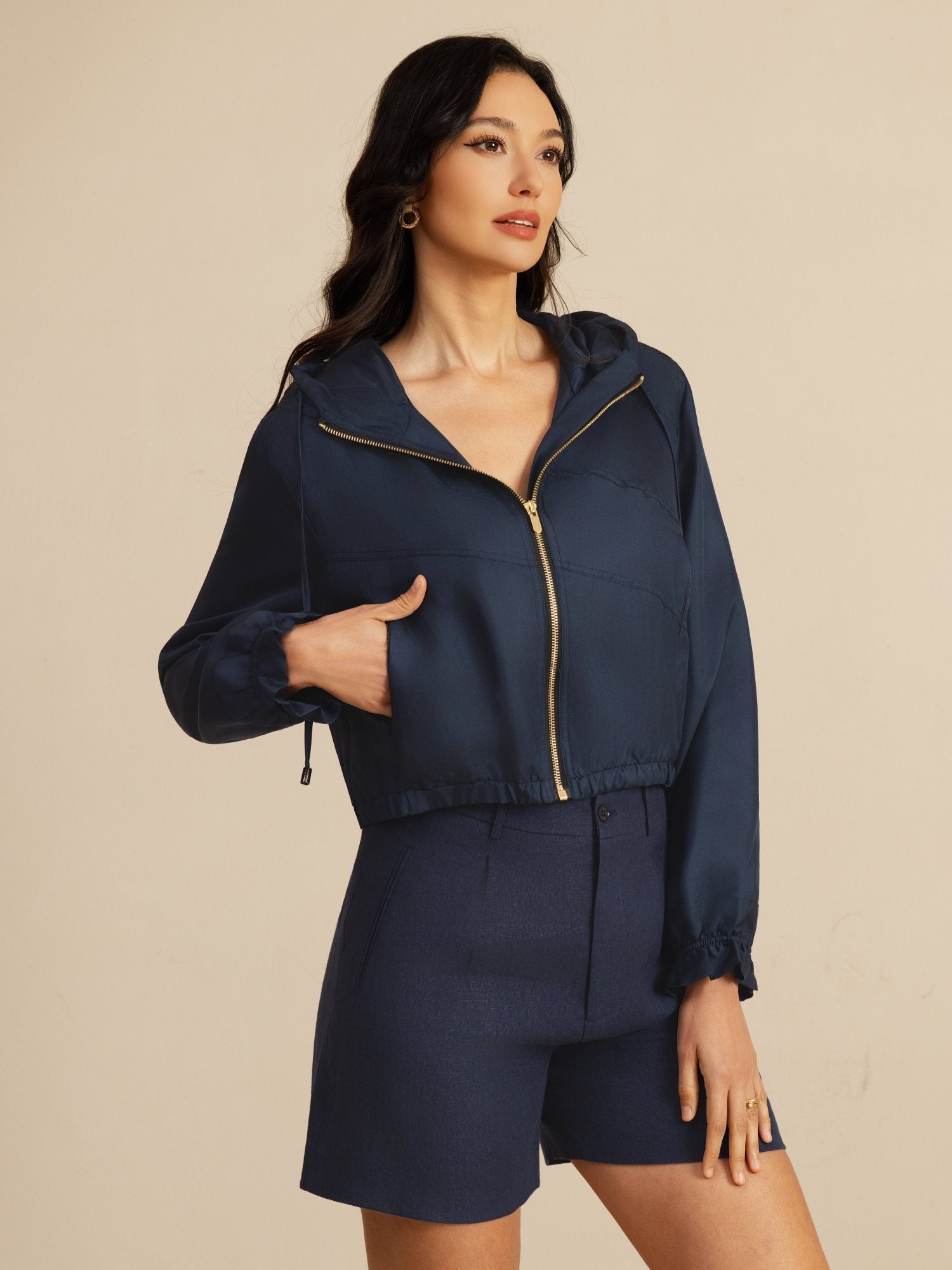 [BleuFoncé] SilkSilky-FR 18Momme Manches longues Col Haut Femme Manteaux 003