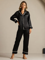 [Noir] SilkSilky-FR Manches longues Col Cranté Femme Pyjamas 001