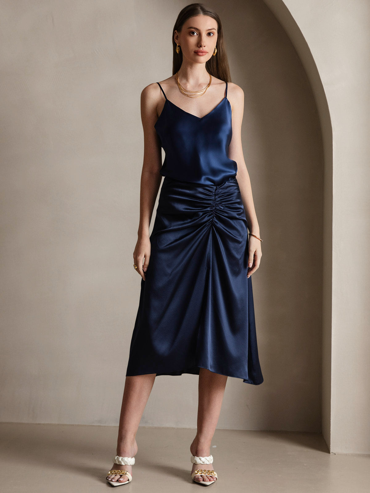 [Bleu Foncé] SilkSilky-FR Pure Soie Col en V Top À Fines Brides 006