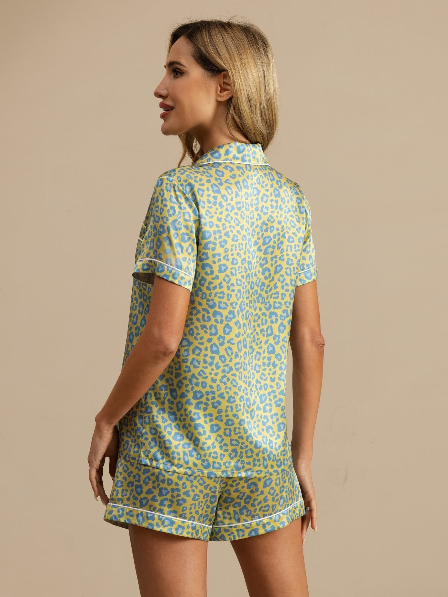 [Léopard Vert] SilkSilky-FR 19Momme Manches courtes Col Cranté Femme Pyjamas 002