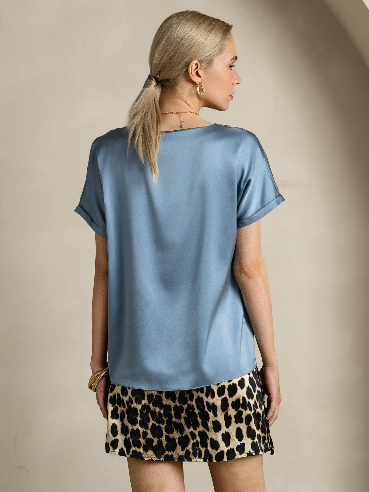 [Bleu Grisâtre] SilkSilky-FR 19Momme Soie Col Rond Femme T-Shirt 002