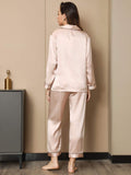 SilkSilky FR Pure Soie Manches longues Revers Femme Pyjamas Rose 009