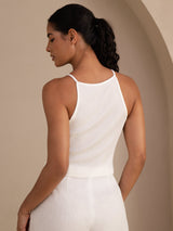 [Blanc] SilkSilky-FR Sleeveless Crew Neck Top À Fines Brides 002