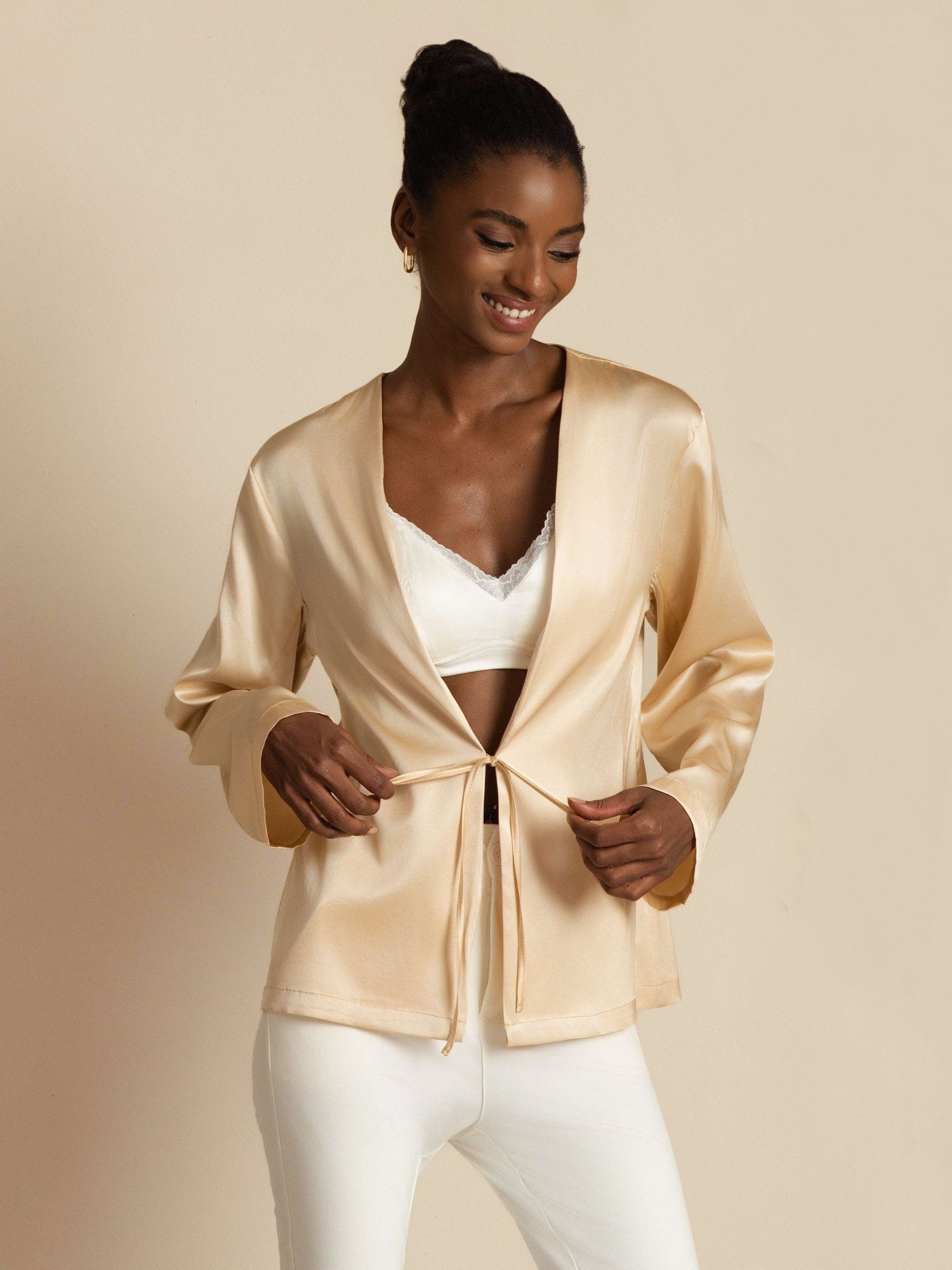 [Champagne] SilkSilky-FR 19Momme Manches longues Femme Manteaux 005