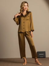 [Brun] SilkSilky-FR Long Sleeve Lapel Collar Femme Pyjamas 005