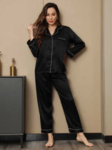 [Noir] SilkSilky-FR Long Sleeve Lapel Collar Femme Pyjamas 003