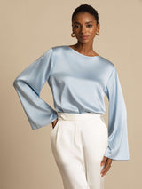 [Bleu Grisâtre] SilkSilky-FR Long Sleeve Boat Neck Blouse 003