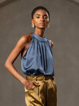[Bleu Canard Véritable] SilkSilky-FR Sleeveless Halter Femme T-Shirt 004