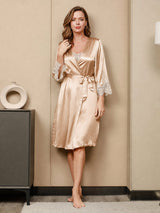 [Champagne] SilkSilky-FR 3/4 Sleeve V Neck Peignoir&Robe de Chambre 008