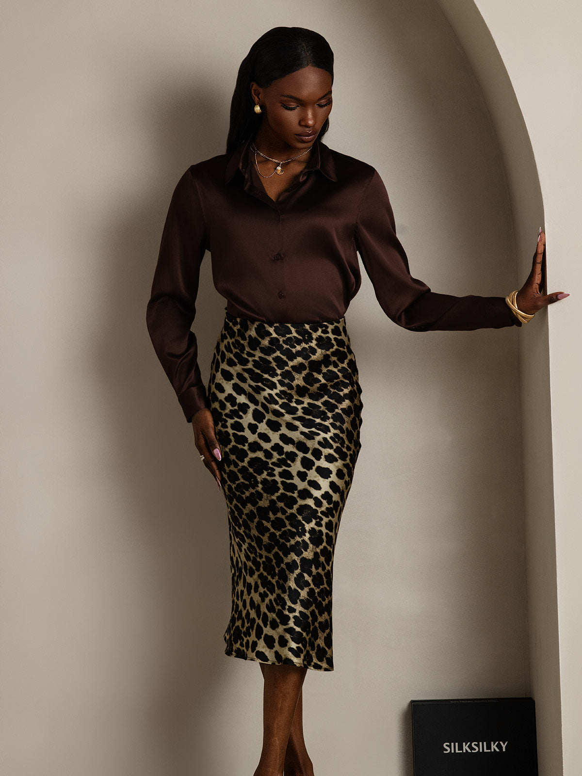 [Chocolat Noir] SilkSilky-FR 19Momme Manches longues Col à Revers Femme Chemise 005