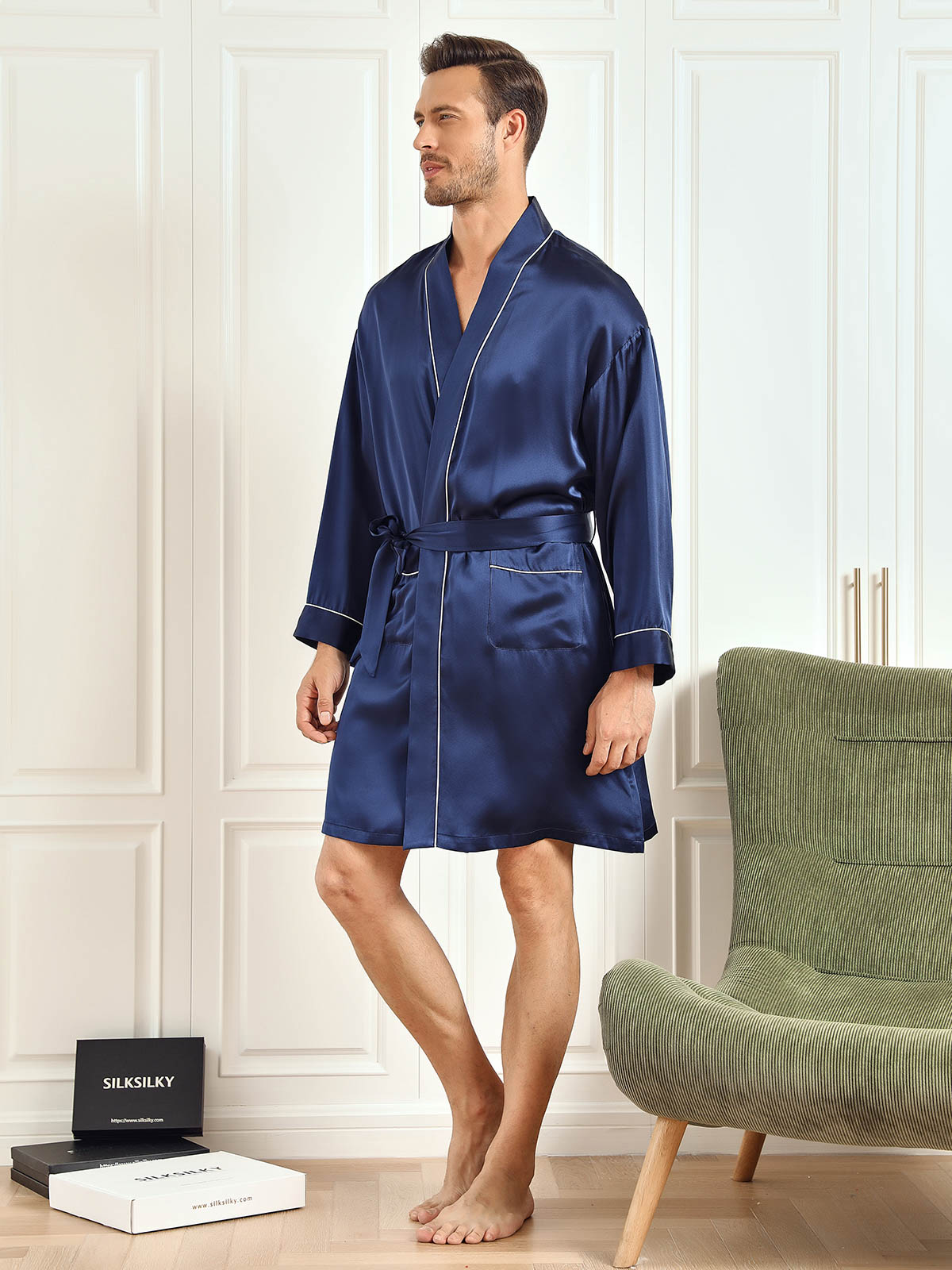 SilkSilky FR Pure Soie Trois quart Mens Robe BleuFoncé 003