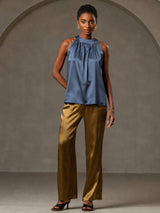 [Bleu Canard Véritable] SilkSilky-FR Sleeveless Halter Femme T-Shirt 006