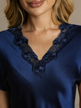[Bleu Foncé] SilkSilky-FR Short Sleeve V Neck Chemises de nuit 004
