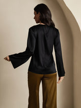 [Noir] SilkSilky-FR Long Sleeve Boat Neck Blouse 002