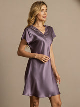 [Gris Pourpre] SilkSilky-FR Short Sleeve V Neck Chemises de nuit 001