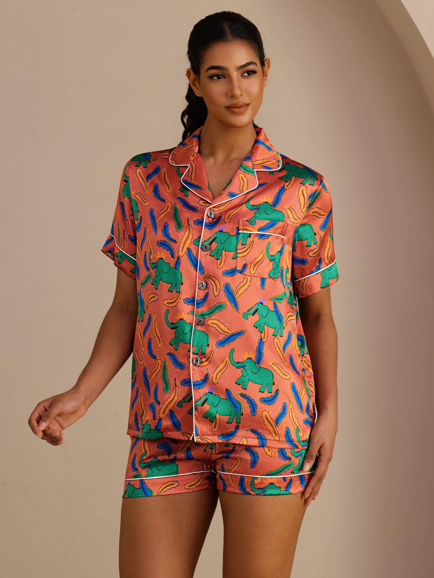 [Éléphant Argile] SilkSilky-FR Short Sleeve Lapel Collar Femme Pyjamas 001