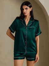 [Vert Foncé] SilkSilky-FR Short Sleeve Lapel Collar Femme Pyjamas 006