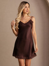 [Brun] SilkSilky-FR Sleeveless V Neck Chemises de nuit 006