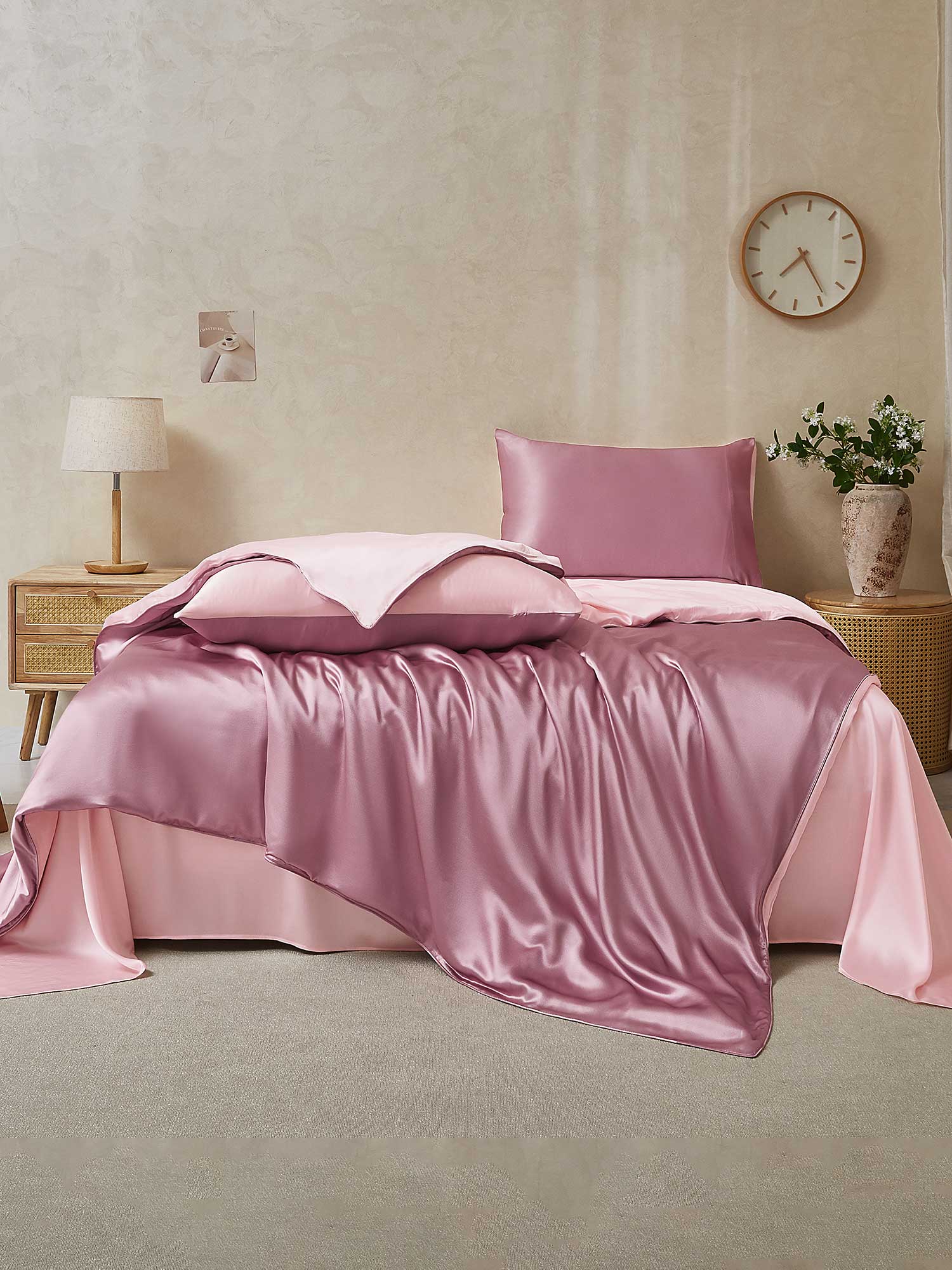 [MauvePâle+RoseClair] SilkSilky-FR 25Momme Pure Soie Bedding Set 002,