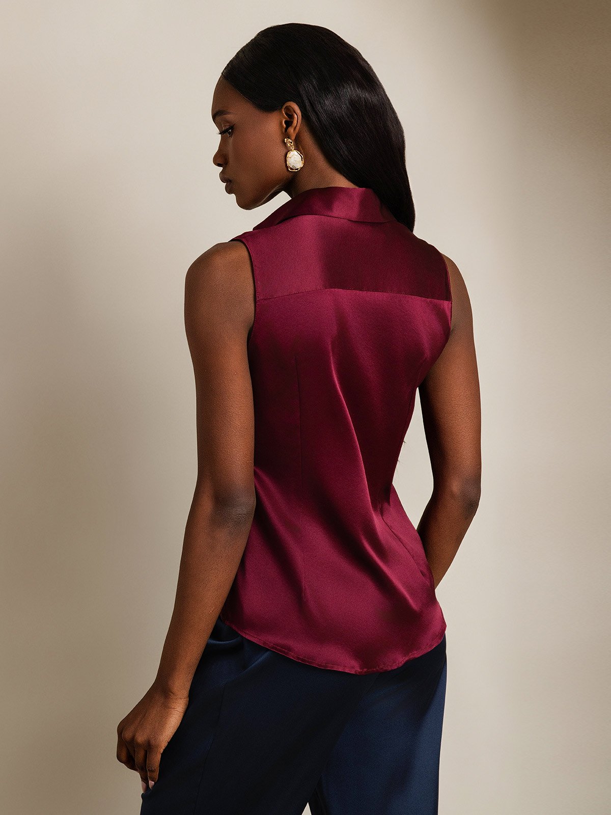 SilkSilky-FR 19Momme Soie Sans manches Col Chemise Femme Chemise RougeFoncé 002