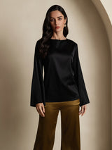[Noir] SilkSilky-FR Long Sleeve Boat Neck Blouse 003