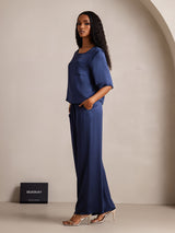 [Bleu Foncé] SilkSilky-FR Half Sleeve Round Neck Femme Pyjamas 004