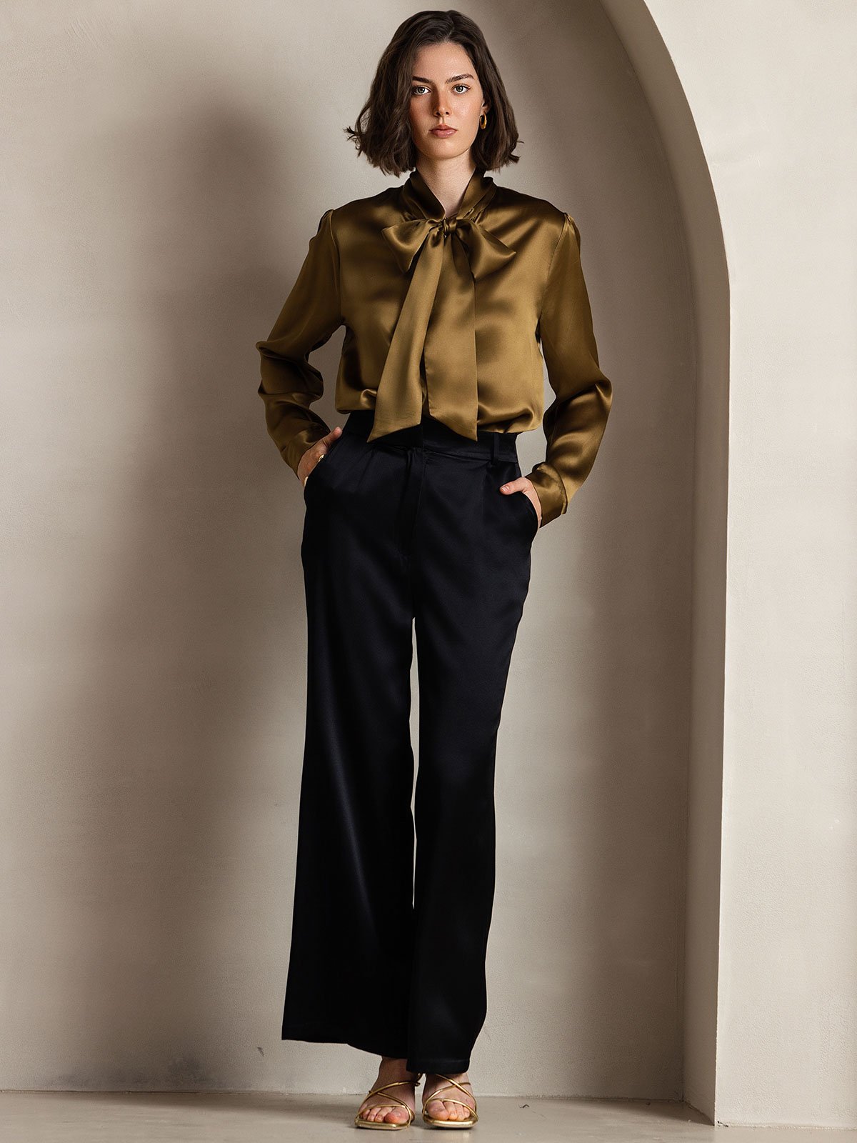 [Brun] SilkSilky-FR 19Momme Manches longues À Nouer Blouse 003