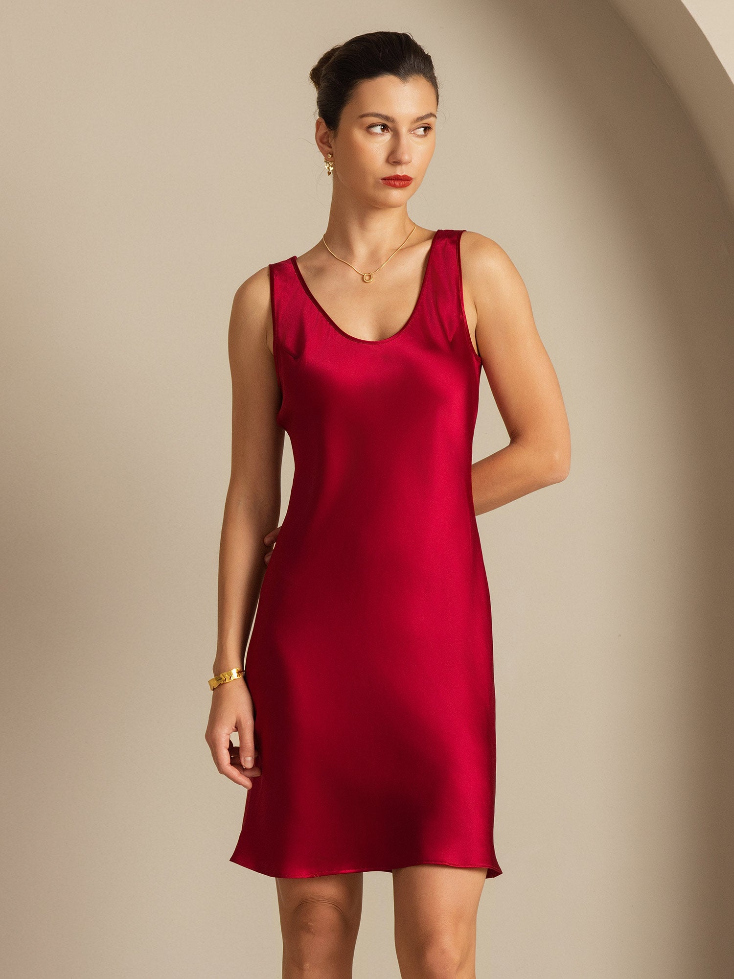 [Rouge Vineux] SilkSilky-FR Pure Soie Col Rond Robes 007,