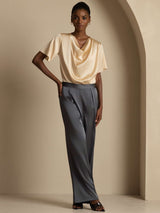 [Champagne] SilkSilky-FR Short Sleeve Cowl Neck Blouse 008