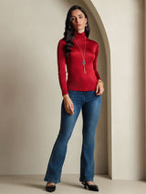 [Rouge Vineux] SilkSilky-FR Manches longues Col Roulé Femme T-Shirt 008