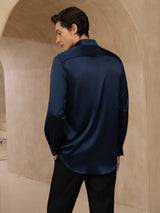 [Bleu Foncé] SilkSilky-FR 19Momme Manches longues Col à Revers Homme Chemise 002