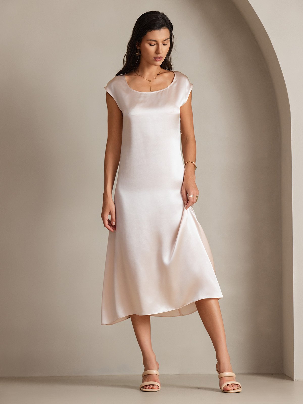 [Rose] SilkSilky-FR 19Momme Soie Sans manches Col Rond Robes 002