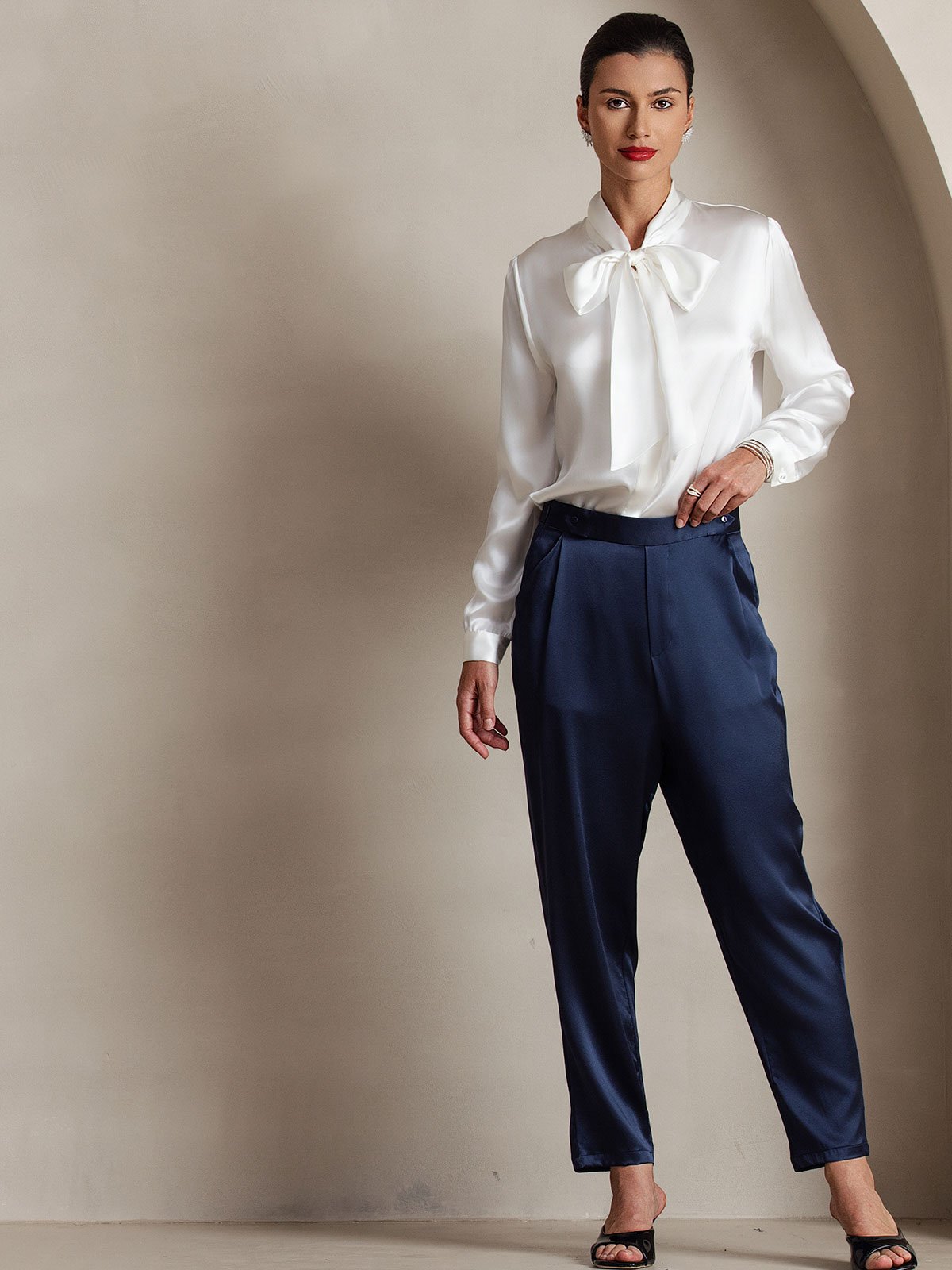 [Blanc] SilkSilky-FR 19Momme Manches longues À Nouer Blouse 003