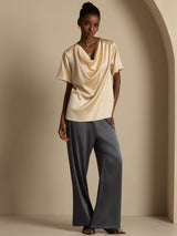 [Champagne] SilkSilky-FR Short Sleeve Cowl Neck Blouse 006