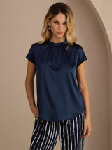 [Bleu Foncé] SilkSilky-FR Short Sleeve Blouse 003