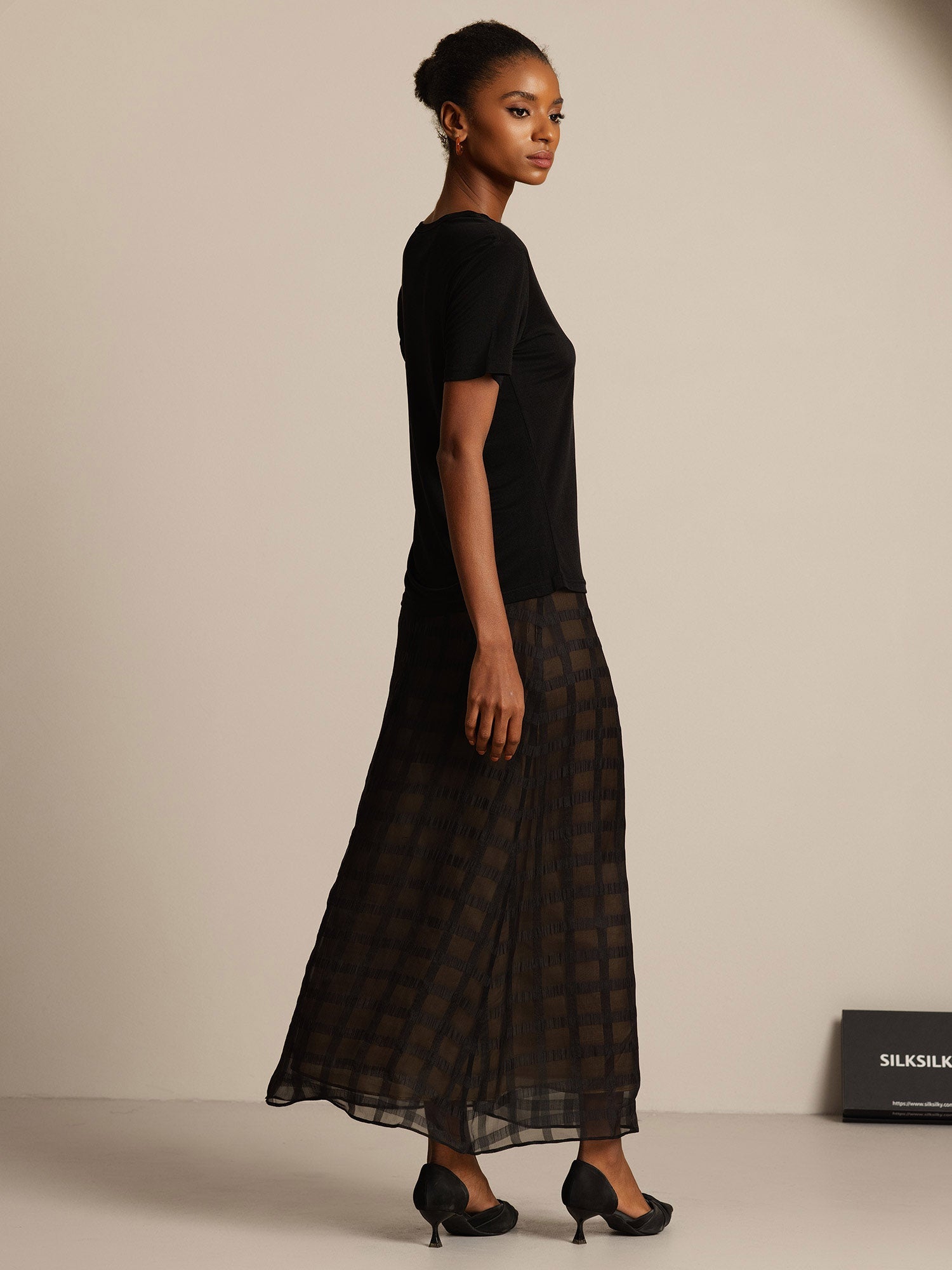 [Noir] SilkSilky-FR Soie Tricotée Col Rond Femme T-Shirt 004,