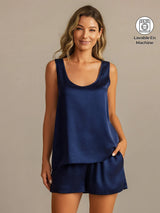 [Bleu Foncé] SilkSilky-FR 19Momme Sans manches Encolure Dégagée Femme Pyjamas 001