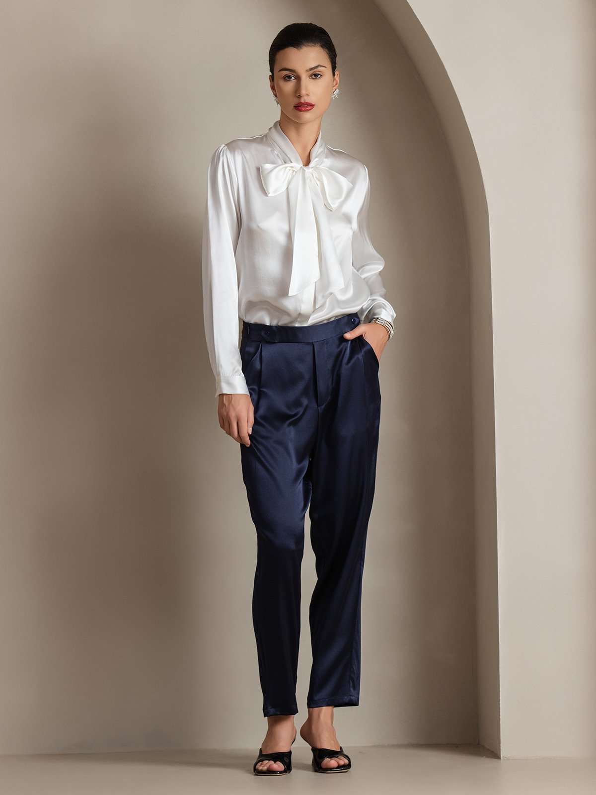 [Blanc] SilkSilky-FR 19Momme Manches longues À Nouer Blouse 004