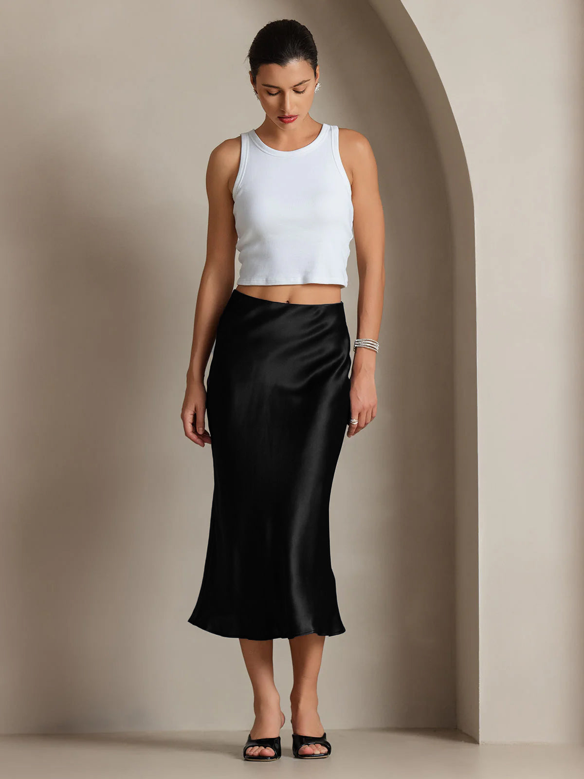 [Noir] SilkSilky-FR 19Momme Pure Soie Skirt 003,