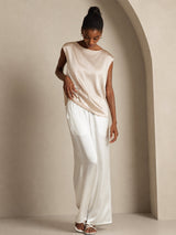 [Beige] SilkSilky-FR Cap Sleeve Round Neck Femme T-Shirt 006